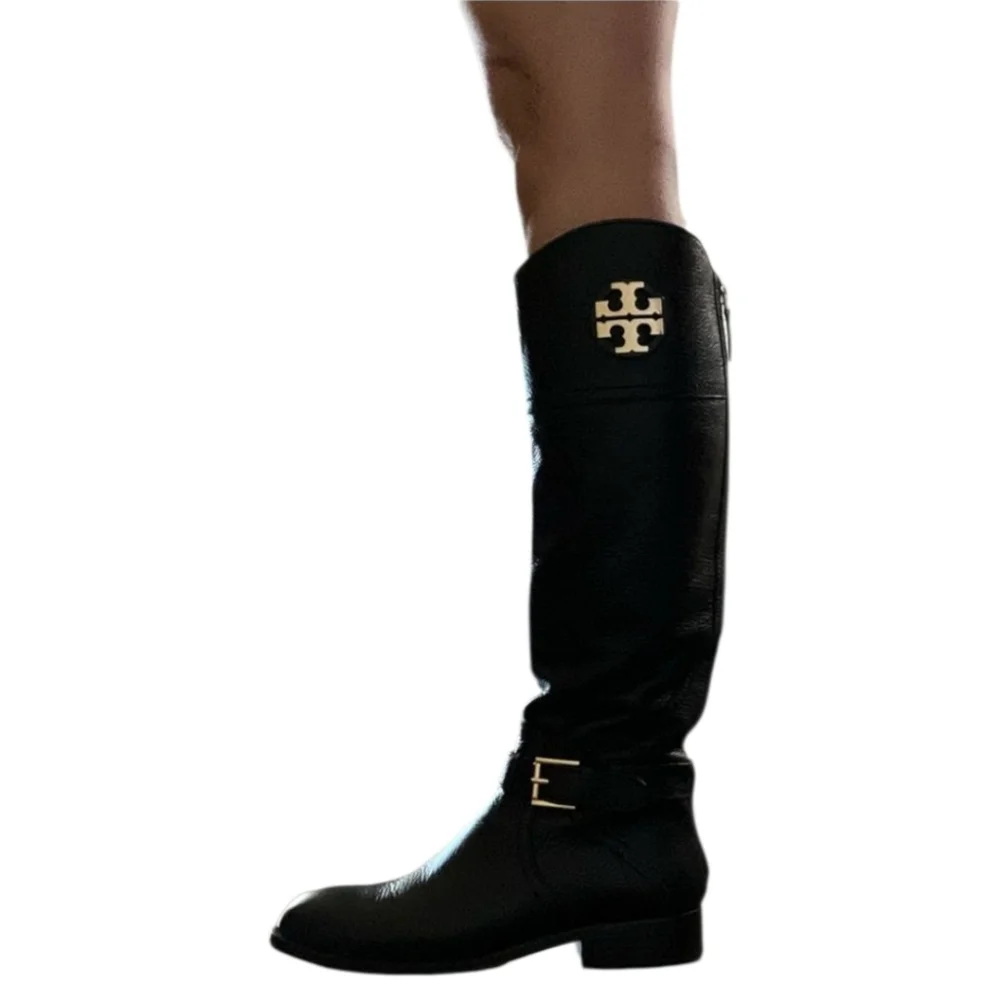 Tory Burch Claire Riding Boots Black Tumbled Leather Gold Hardware - Picture 11 of 11